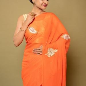 Tangerine Orange Real Chanderi Saree | Aari Silver Chanderi & Salma Work | Jaipurio Luxury Collection